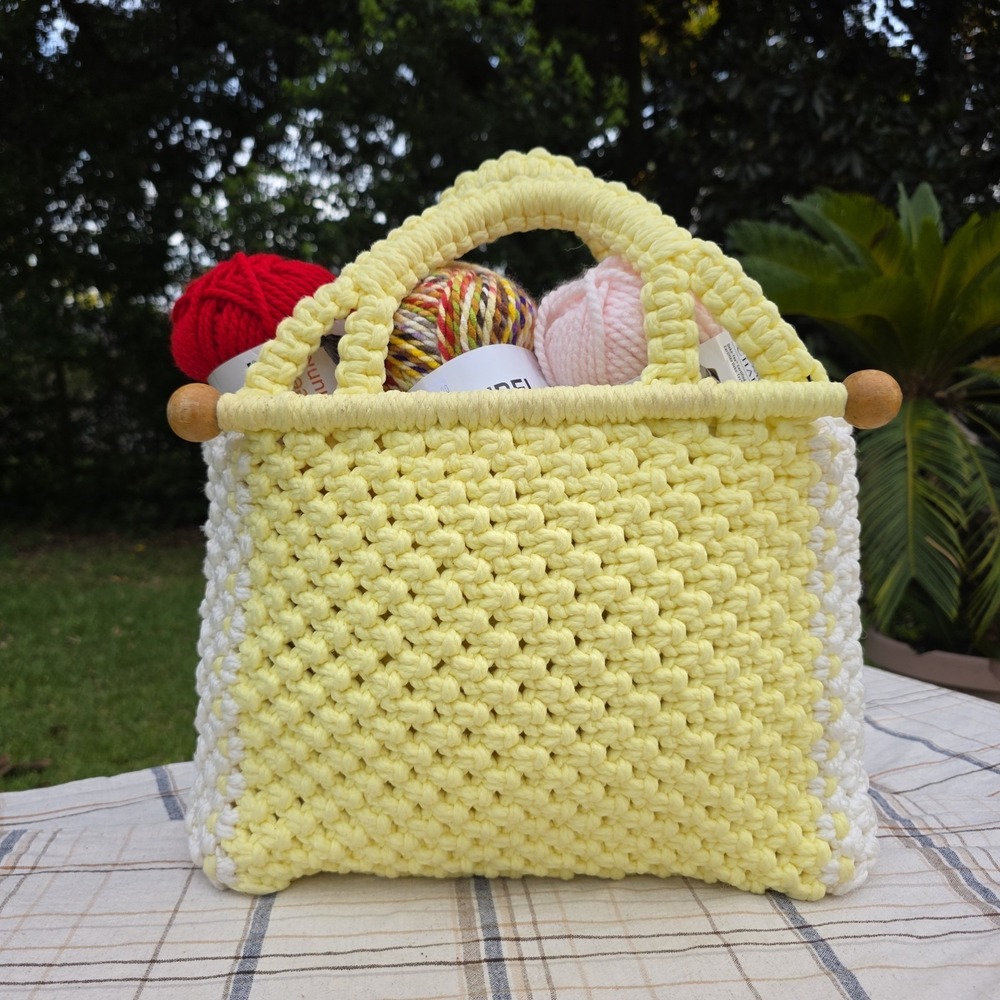 Large Knitting Project Bag Yarn Tote Crochet Sewing Handmade Yellow & White